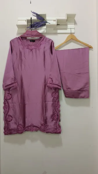 Pakistani Lasercut Silk Stitched 3Pcs with Chiffon Dupatta & Farshi Salwar _ Mauve